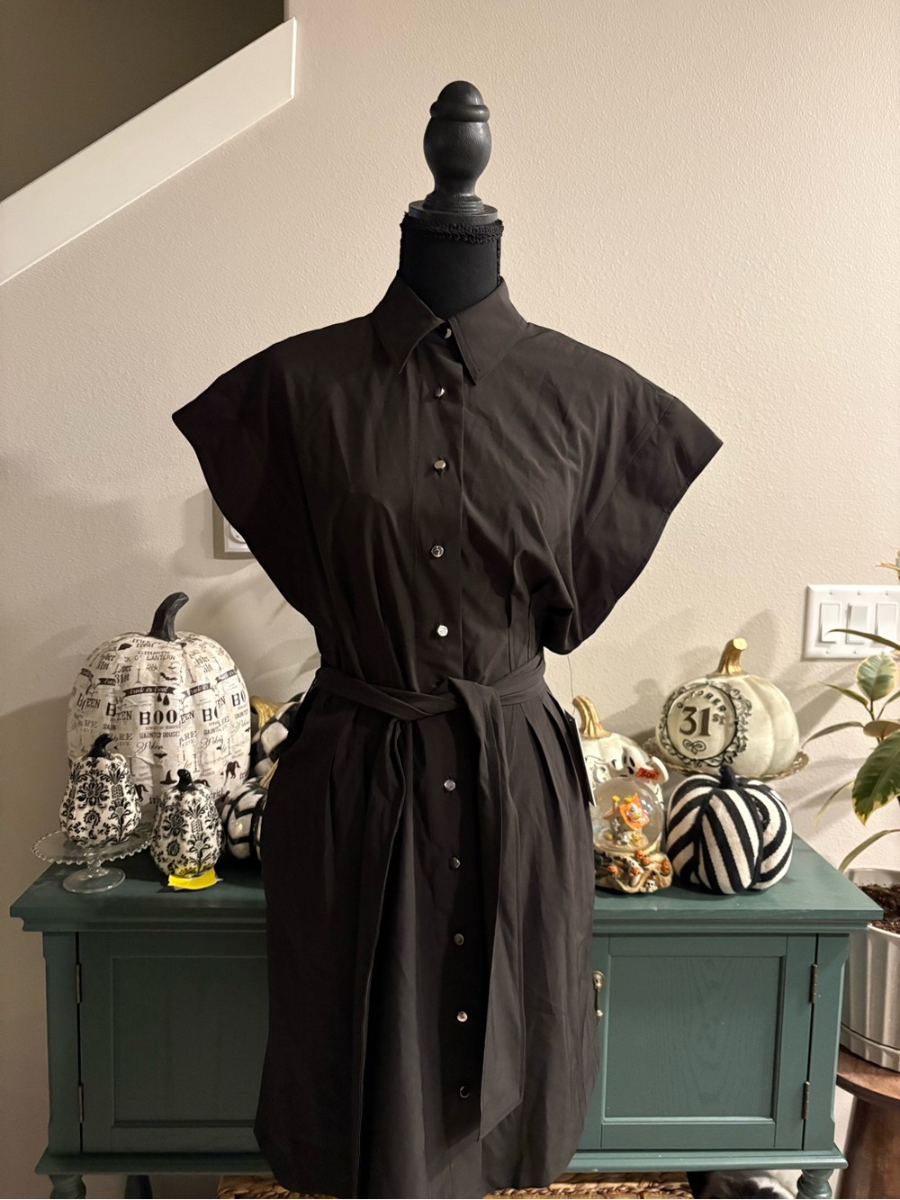 DKNY Black Button-Front Midi Shirt Dress with Tie Waist